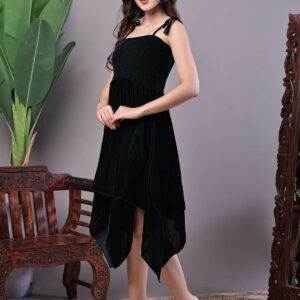 Women's Bottle Green Junglee Pattern Velvet Handkerchief Hem Dress Midi Dresses