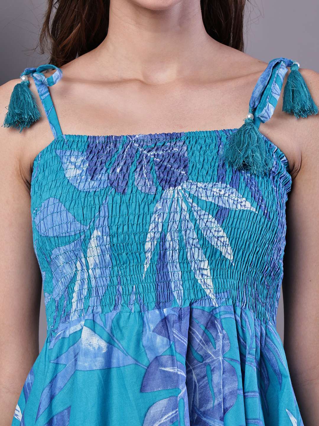 Women's Blue Printed Asymmetrical Hem Smocked A-Line Dress Midi Dresses - Image 5