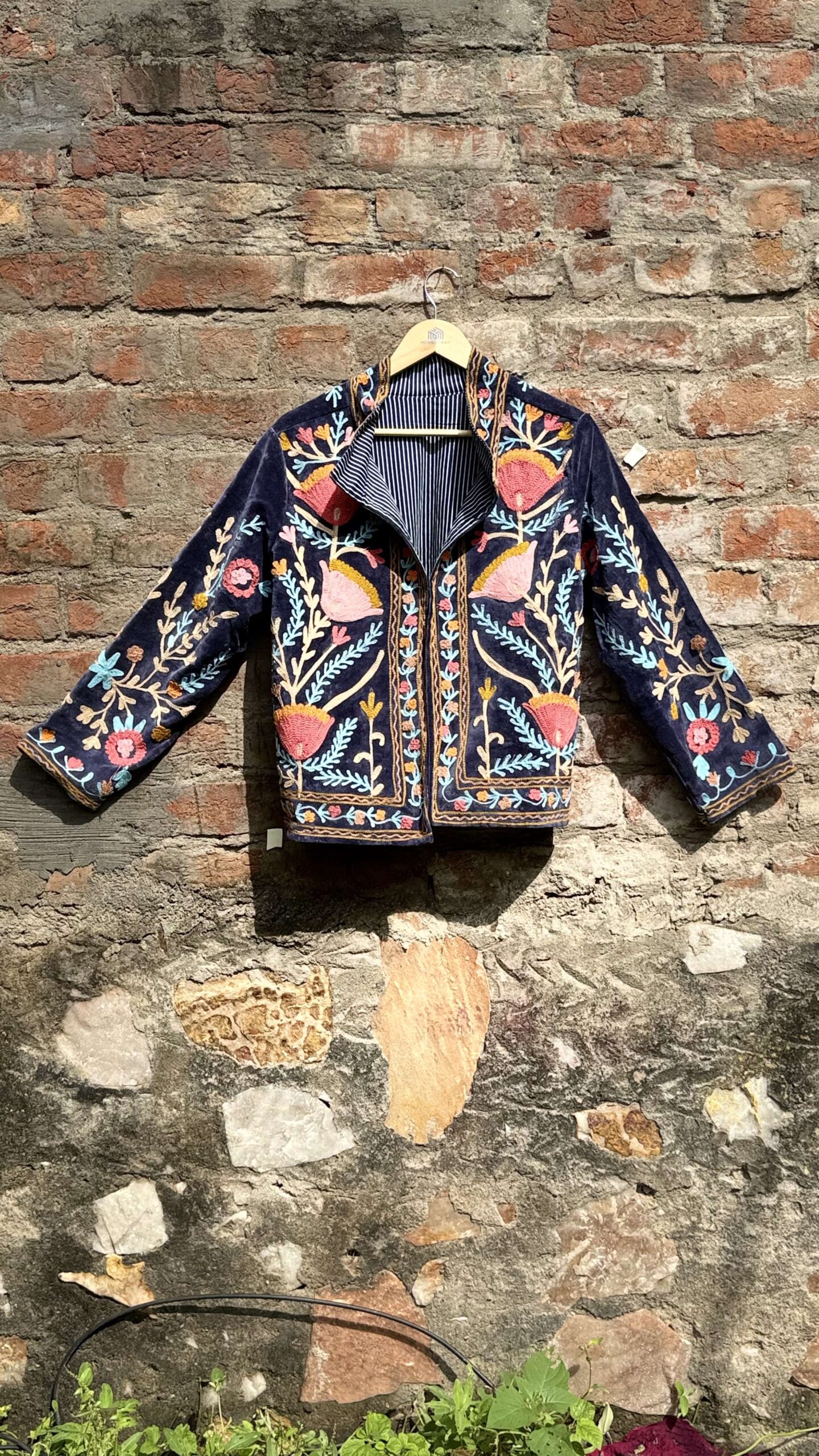 Womens Navy Blue Velvet Embroidered Jacket with Floral Design - Image 2