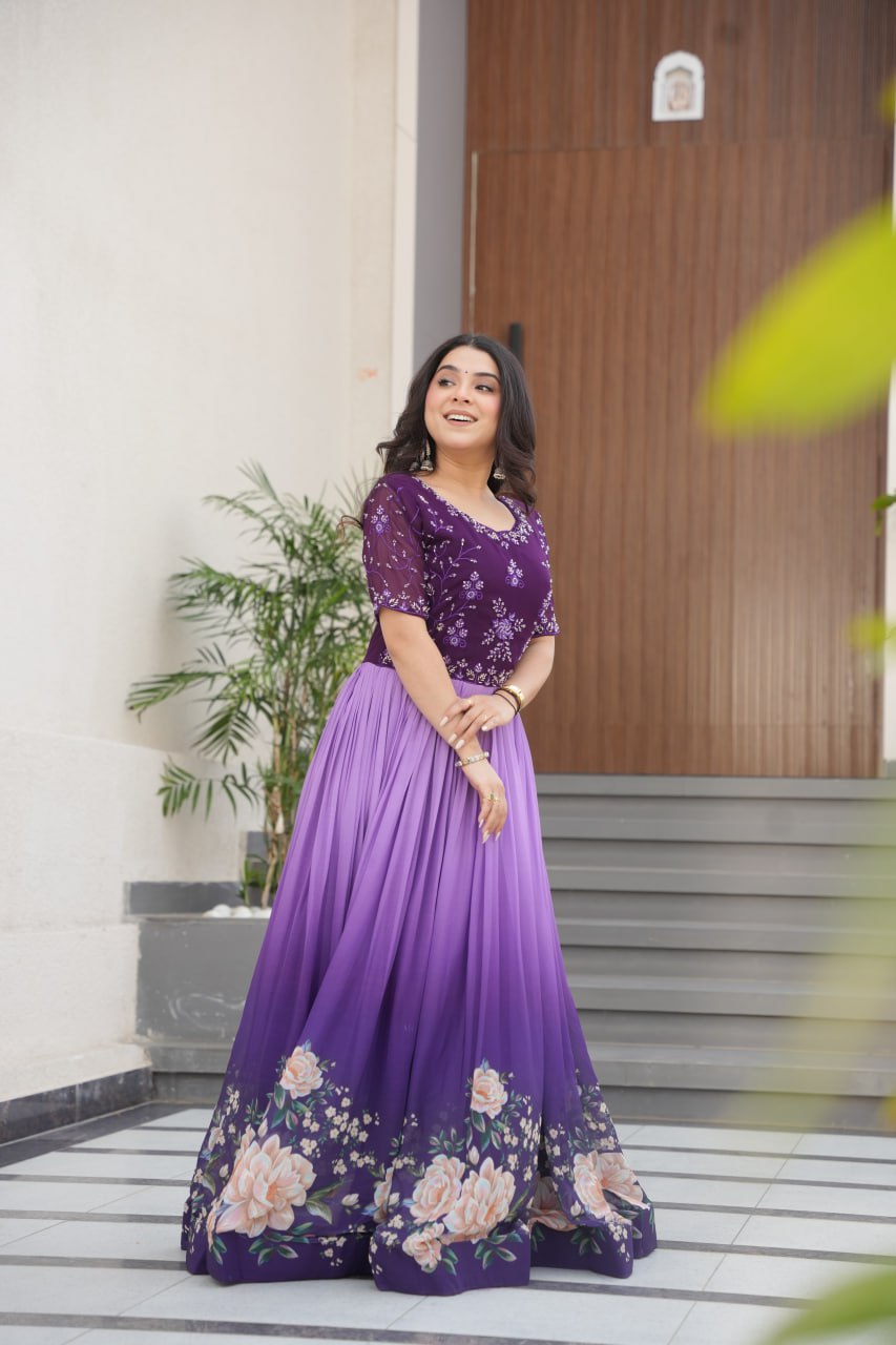 Women's Elegant Teal & Aqua Ombre Gown with Floral Printed Flair & Embellished Bodice โ Perfect for Summer Festivities & Parties - Image 15