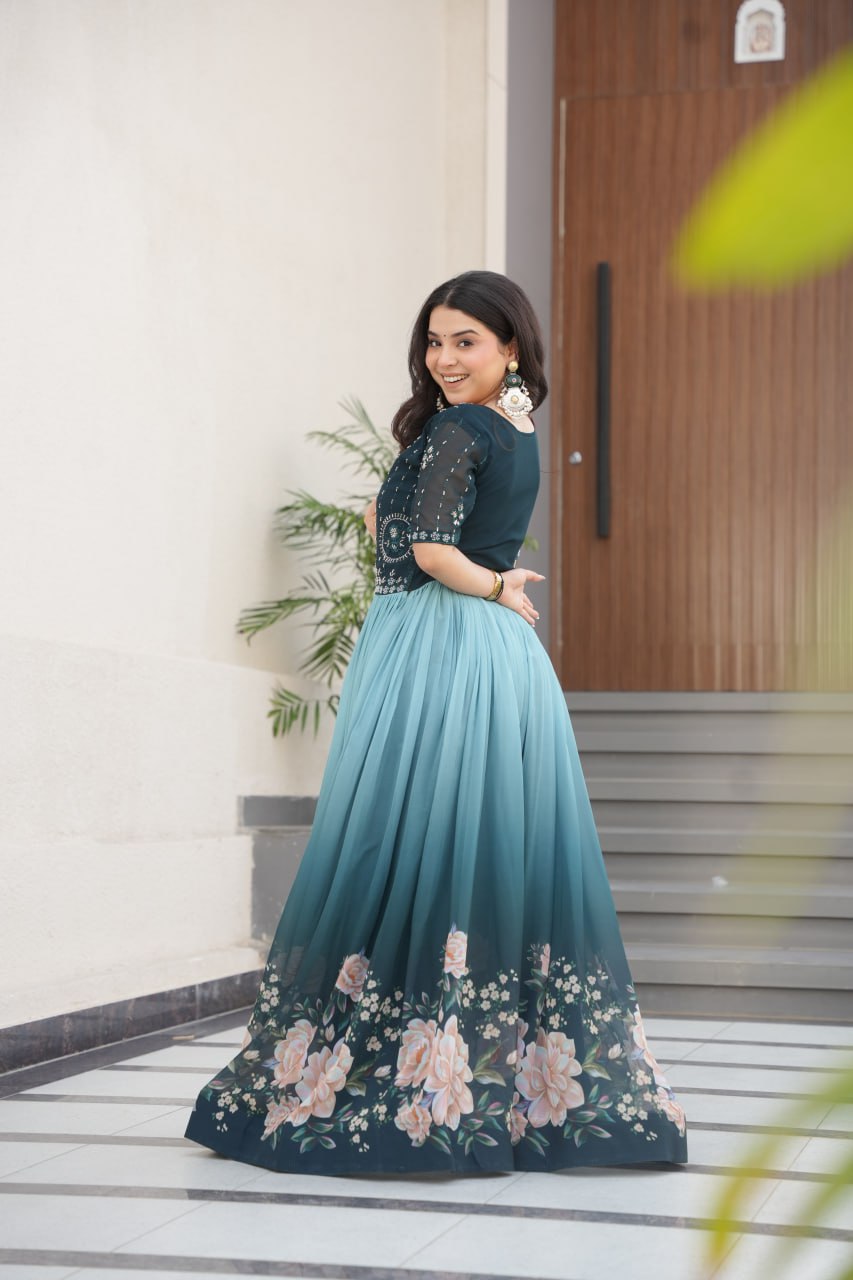 Women's Elegant Teal & Aqua Ombre Gown with Floral Printed Flair & Embellished Bodice โ Perfect for Summer Festivities & Parties - Image 7
