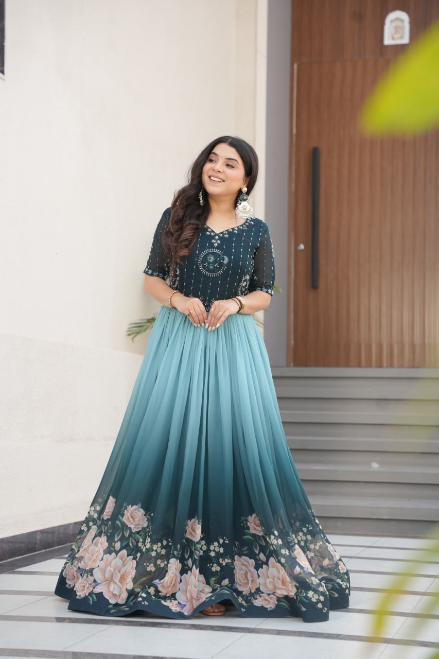 Women's Elegant Teal & Aqua Ombre Gown with Floral Printed Flair & Embellished Bodice โ Perfect for Summer Festivities & Parties - Image 6