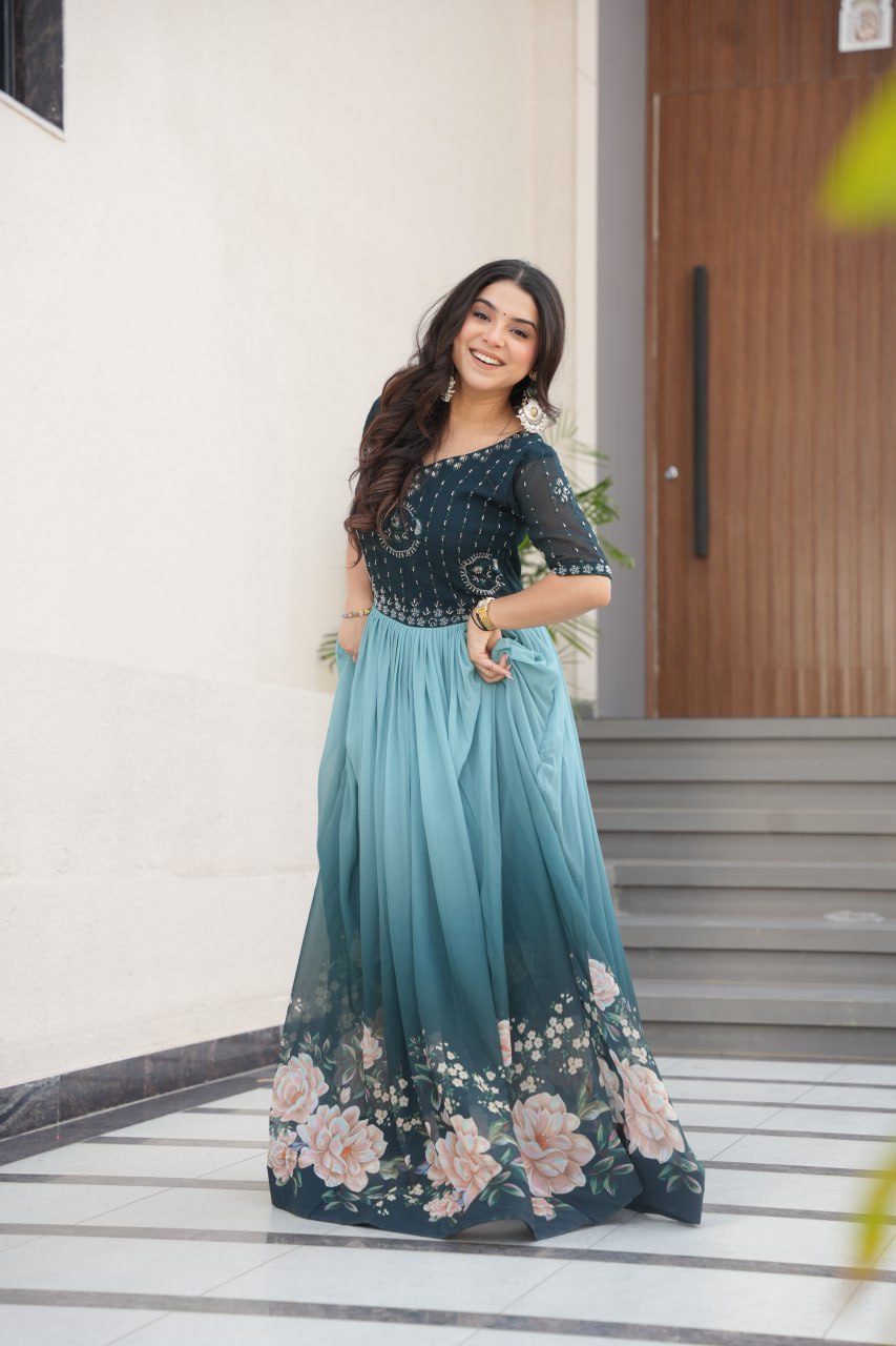 Women's Elegant Teal & Aqua Ombre Gown with Floral Printed Flair & Embellished Bodice โ Perfect for Summer Festivities & Parties - Image 4