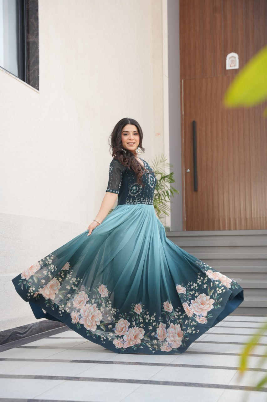 Women's Elegant Teal & Aqua Ombre Gown with Floral Printed Flair & Embellished Bodice โ Perfect for Summer Festivities & Parties - Image 2