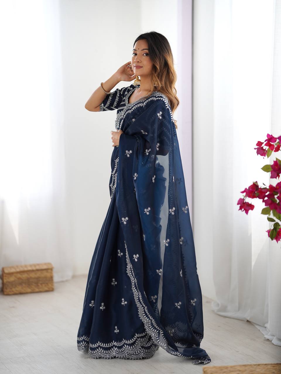 Women's Elegant Regal Purple Georgette Saree with Intricate Silver Thread & Sequin Embroidery – Complete with Embellished Blouse Piece for Festive & Party Wear - Image 13