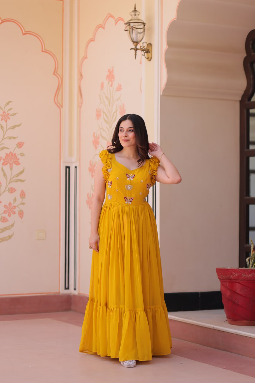 Women's Elegant Plum Purple Georgette Anarkali Gown with Butterfly Applique & Ruffle Sleeves – Festive & Special Occasion Wear - Image 7