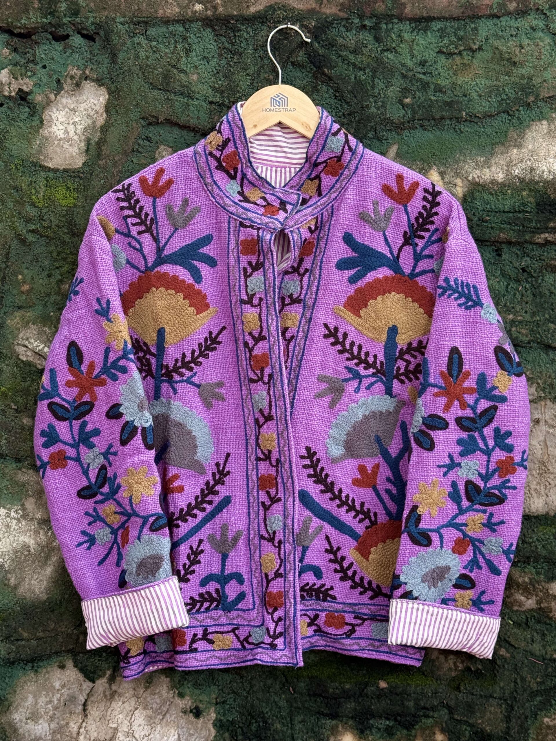 Womens Purple Velvet Embroidered Jacket with Floral Design - Image 4